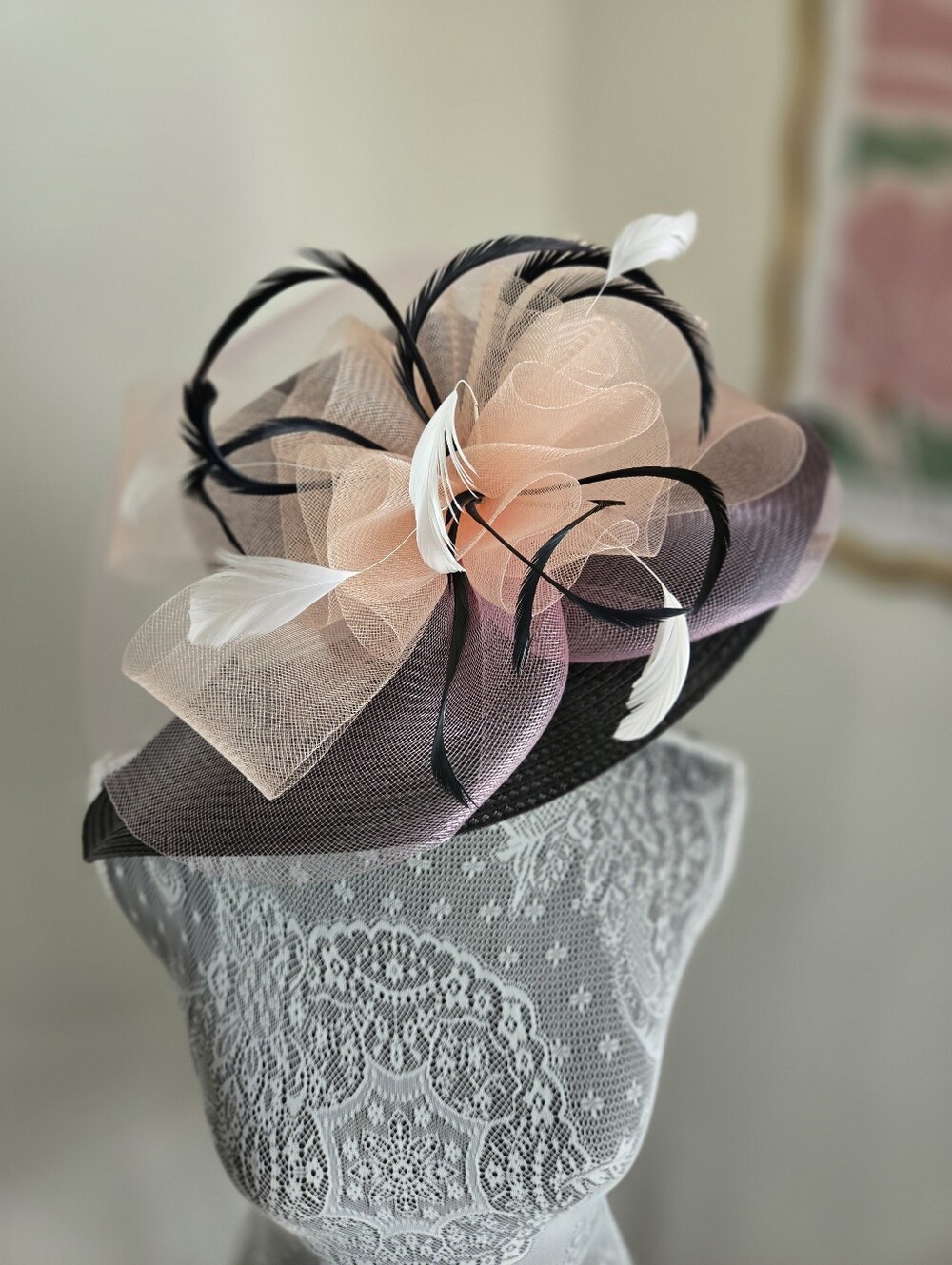 August Hat Co. Black Feathers Pink Peach Tulle Church Derby Summer Wedding